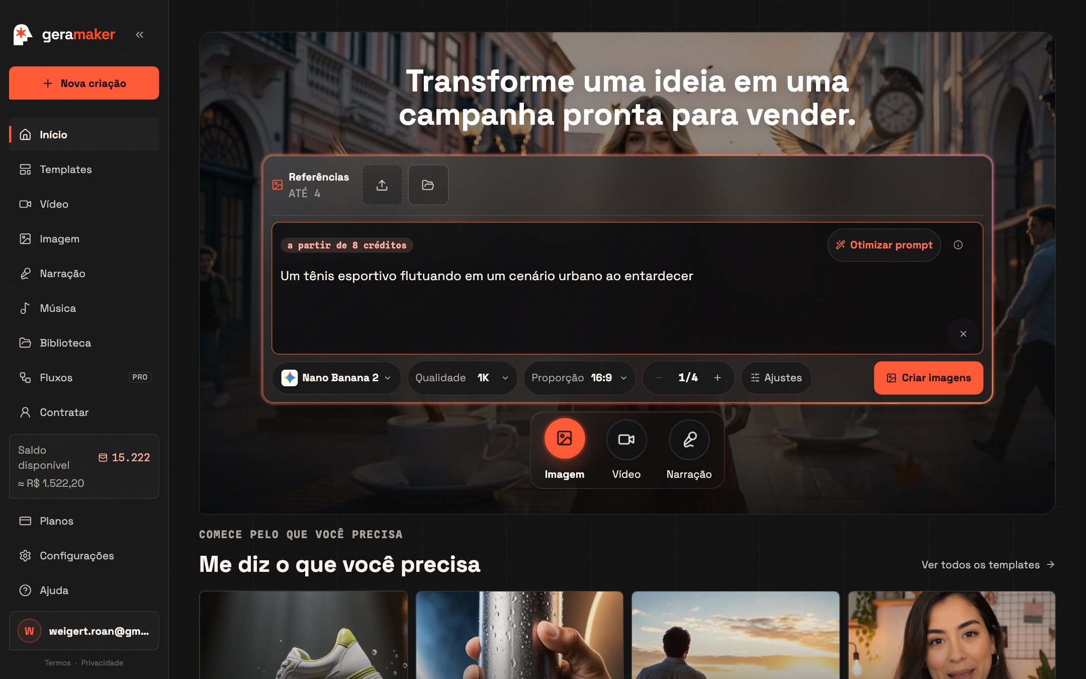 Na tela inicial, o botão de criar já mostra o custo (ex.: “Criar imagens · 6 créditos”).