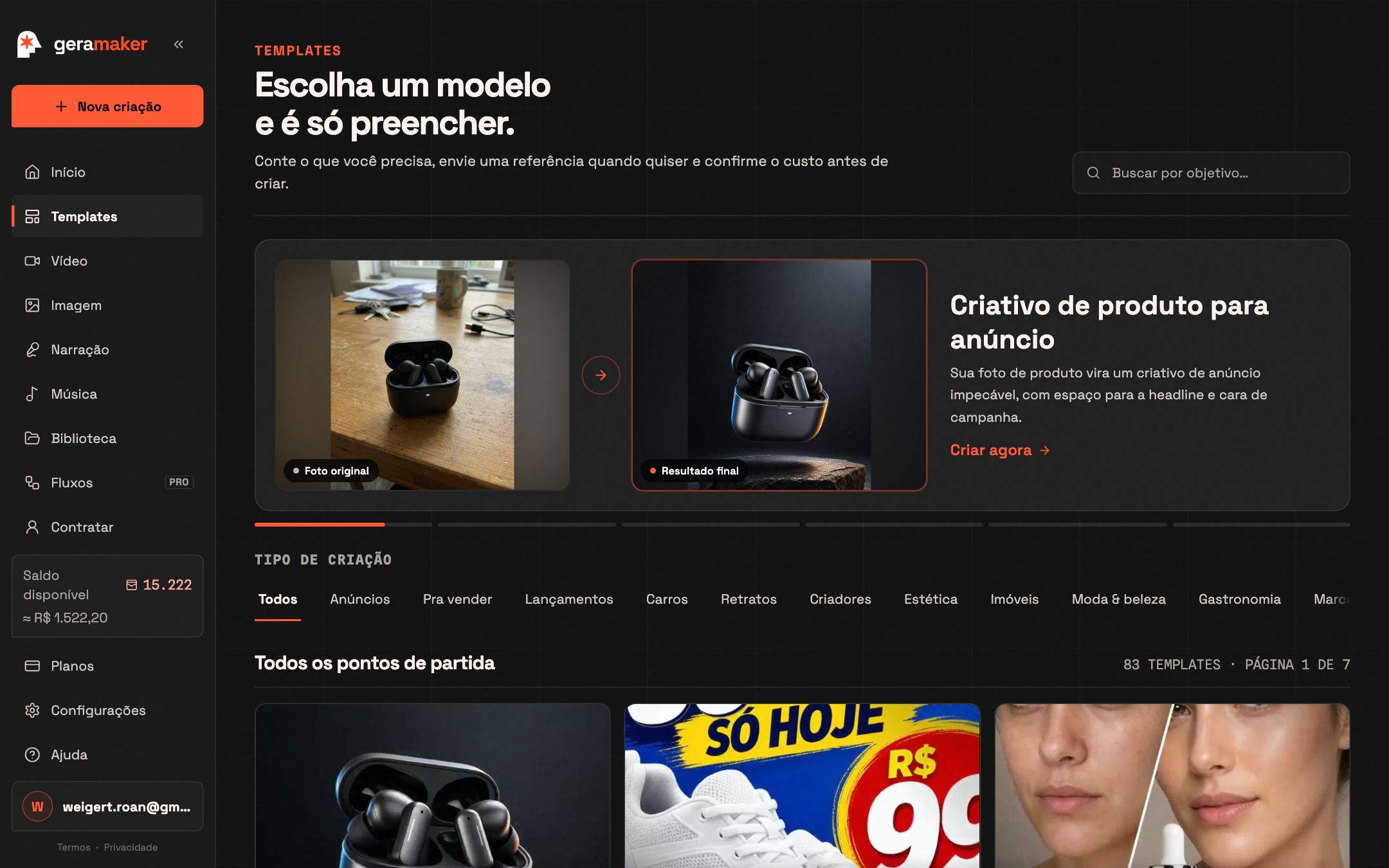 Galeria de templates organizada por segmento, com o custo de cada um.