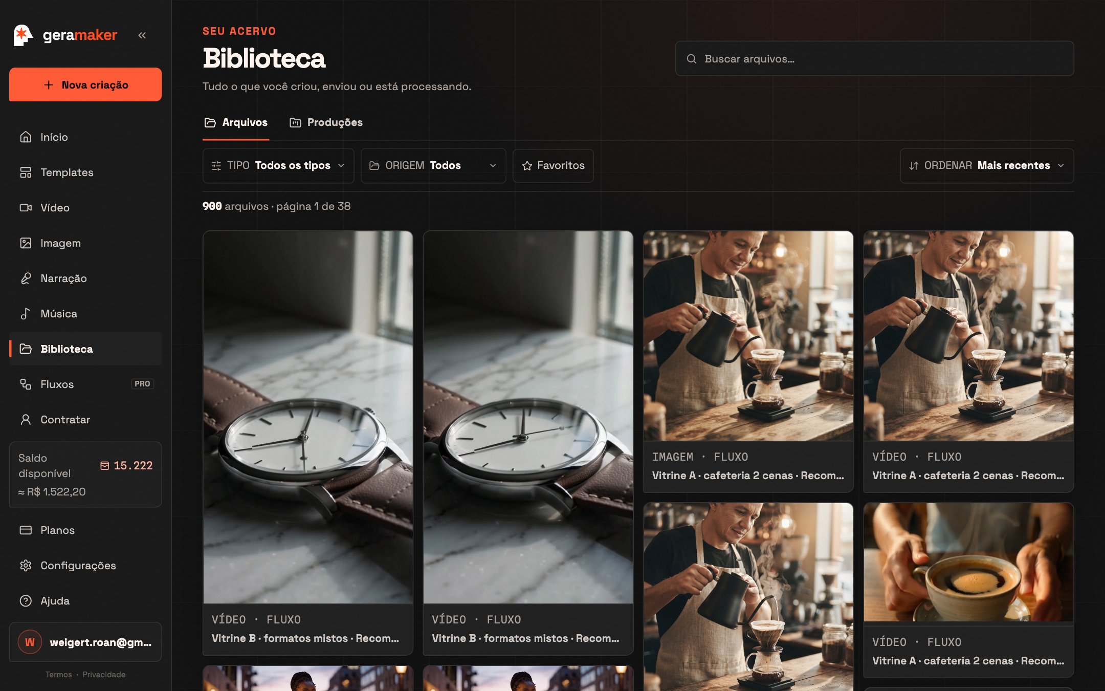 Biblioteca: seu arquivo de criações e uploads, com busca e filtros.