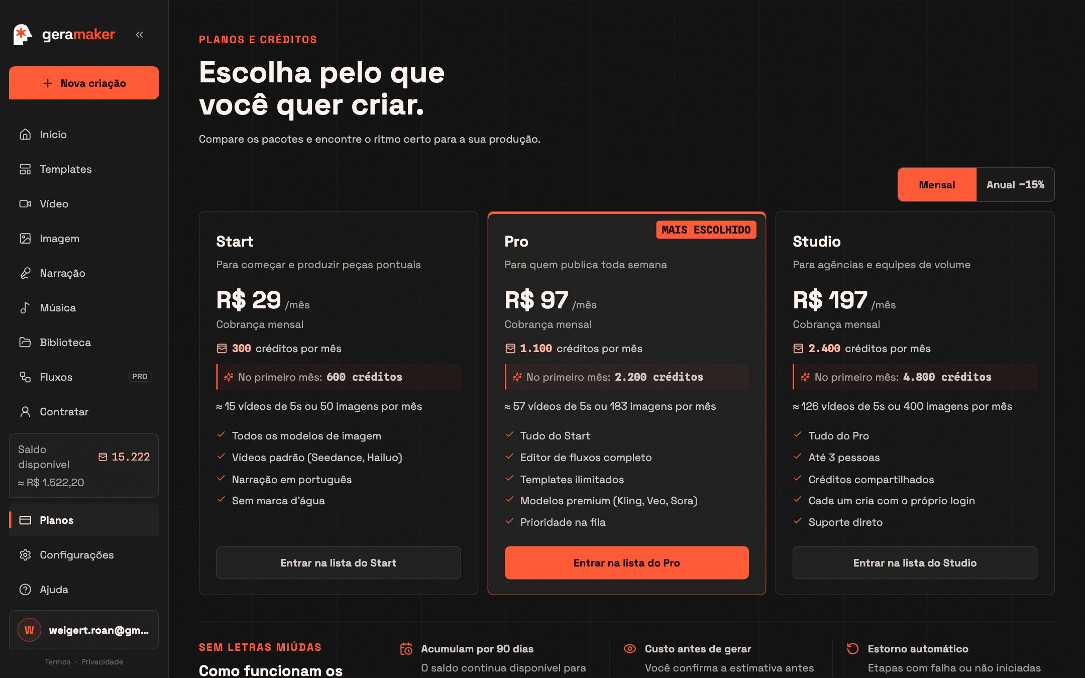 Planos: compare as opções e o que cada uma oferece.