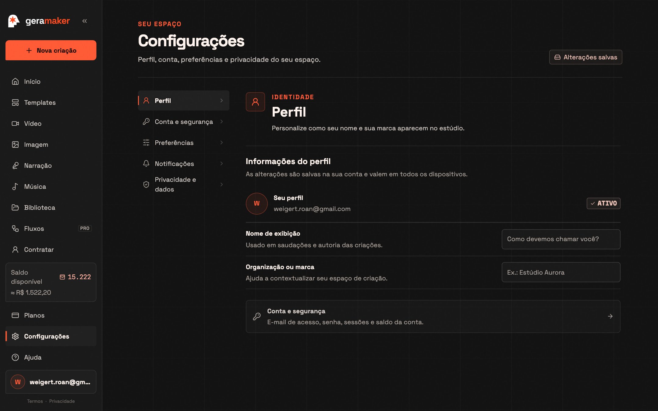 Configurações: perfil e preferências da sua conta.