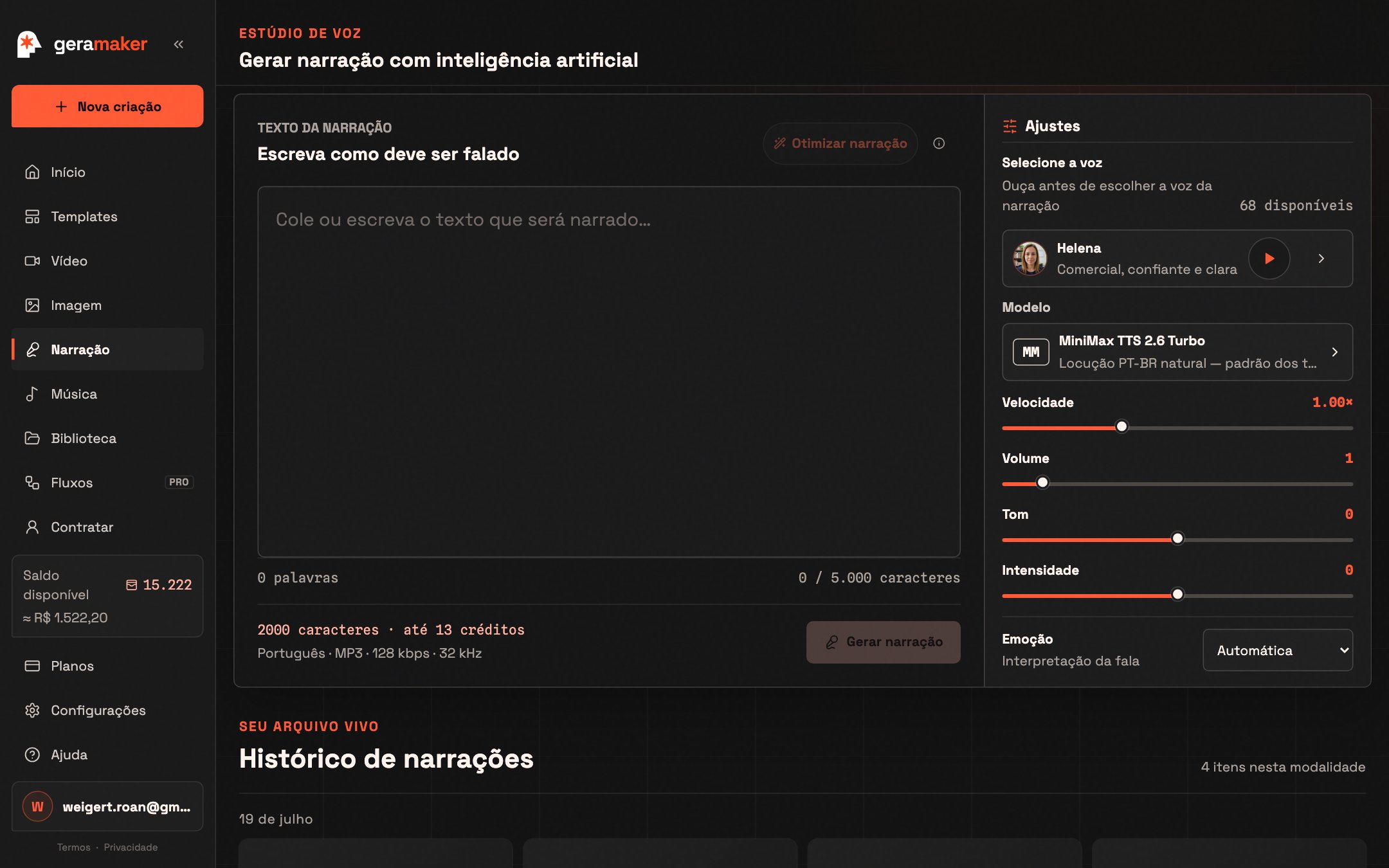 Ajustes finos: velocidade, volume, tom e emoção da fala.