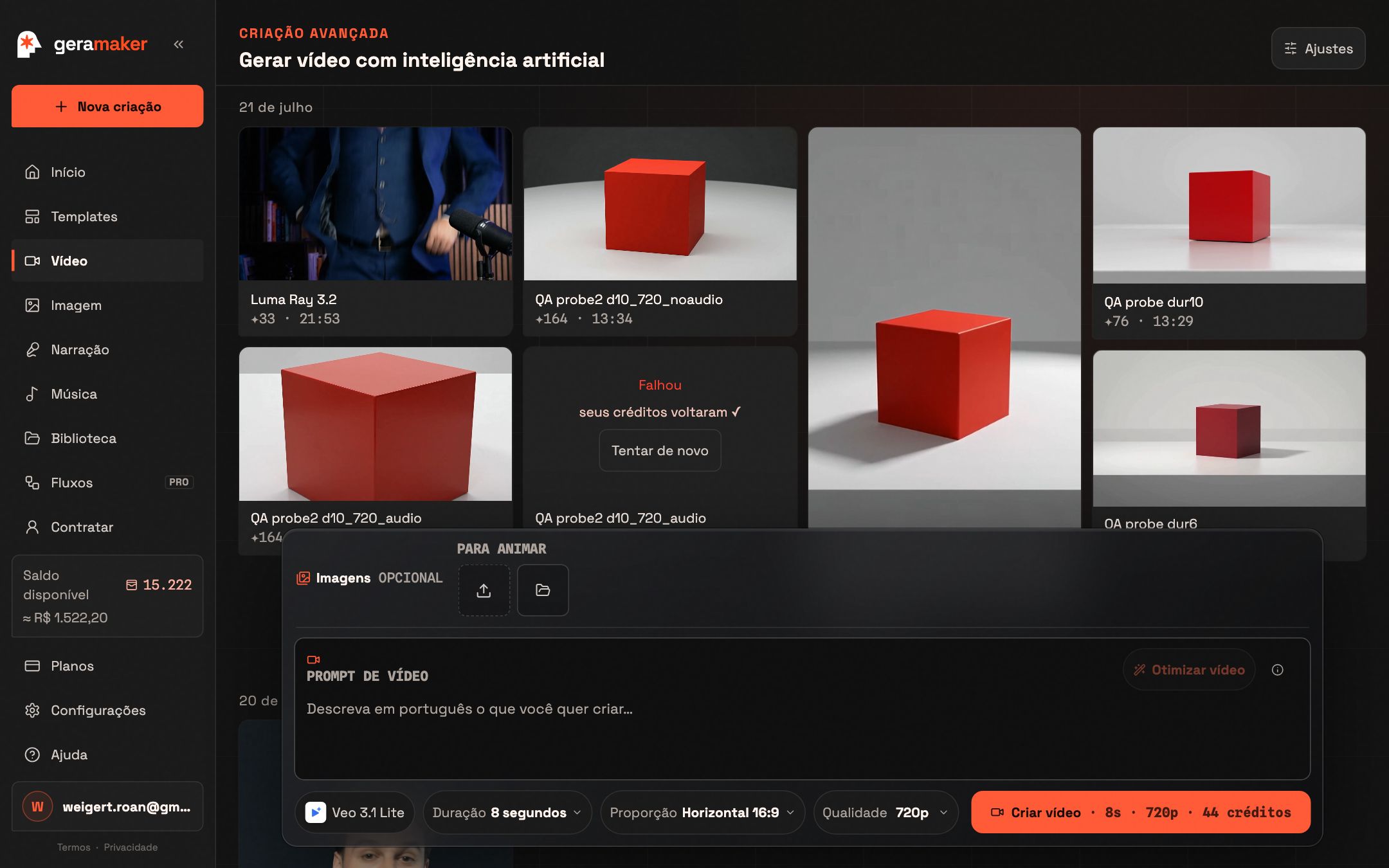 Barra inferior do vídeo: imagens de referência, prompt, modelo, duração, proporção, qualidade e custo.